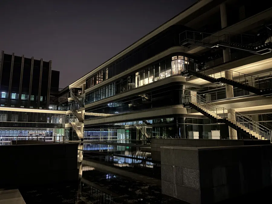 The lab's building at night